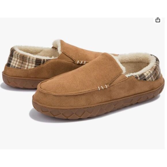 NEW Newdenber Men's Fleece Lined Slippers Brown Faux Suede Size 10 Slip-On - Picture 1 of 7